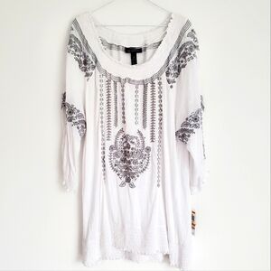 INC CONCEPTS Women's 3X Embroidered Silver White Boho Top Smocked Trim Sequined